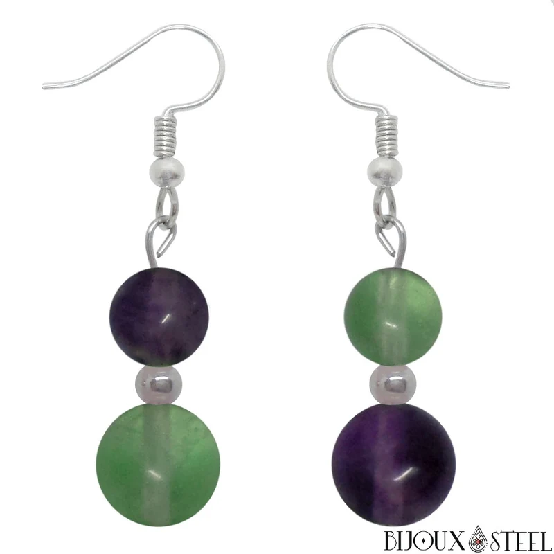Boucles d'oreilles pendantes doubles perles de fluorite