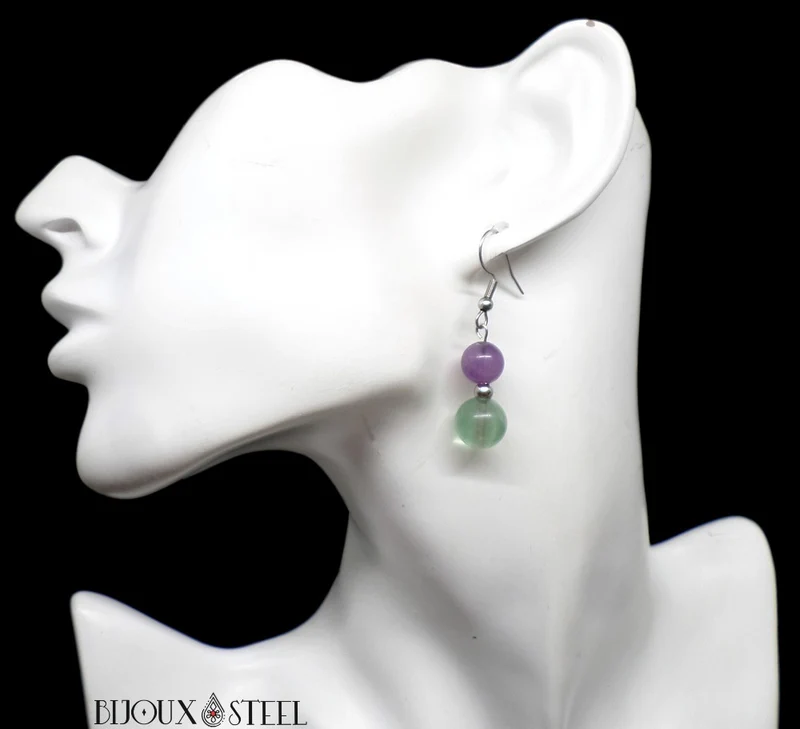 Boucles d'oreilles pendantes doubles perles de fluorite