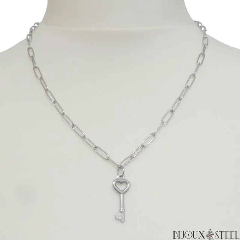 Collier chaîne trombone à pendentif clé en coeur en acier inoxydable