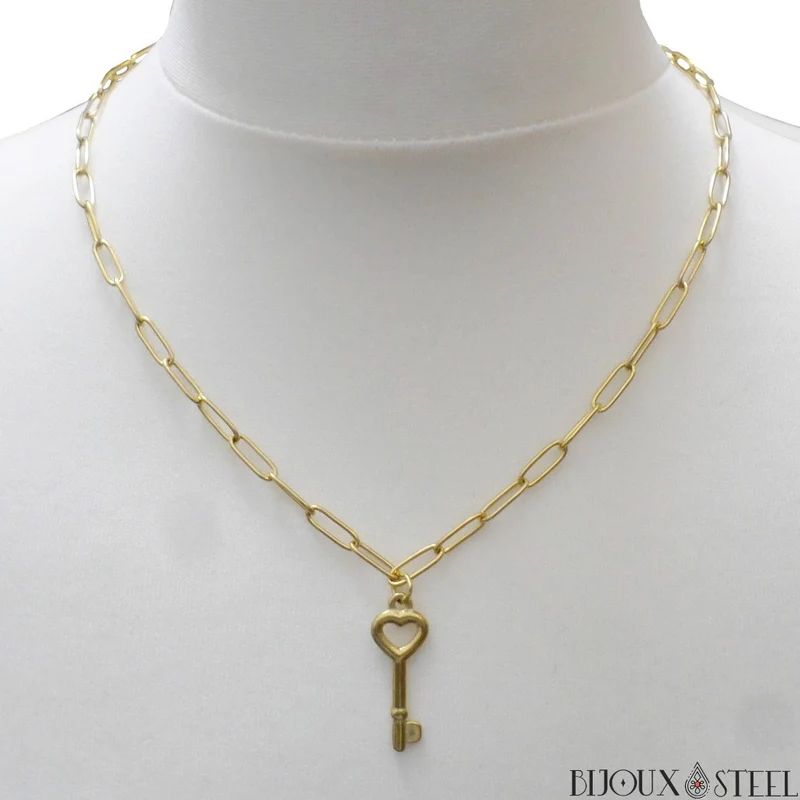 Collier chaîne trombone à pendentif clé en coeur en acier inoxydable