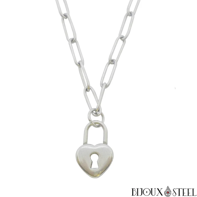 Collier chaîne trombone à pendentif cadenas coeur en acier inoxydable