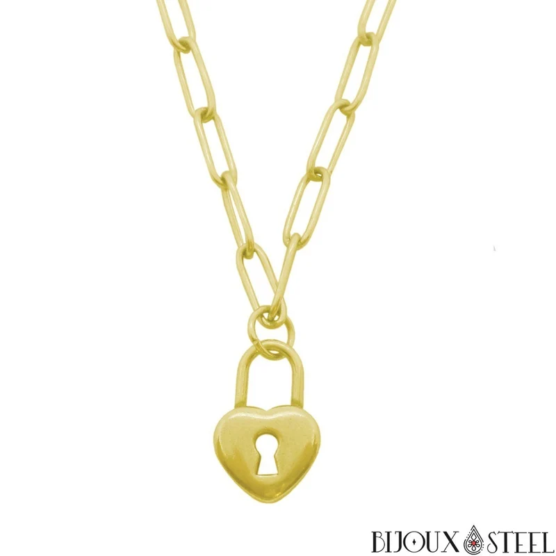 Collier chaîne trombone à pendentif cadenas coeur en acier inoxydable