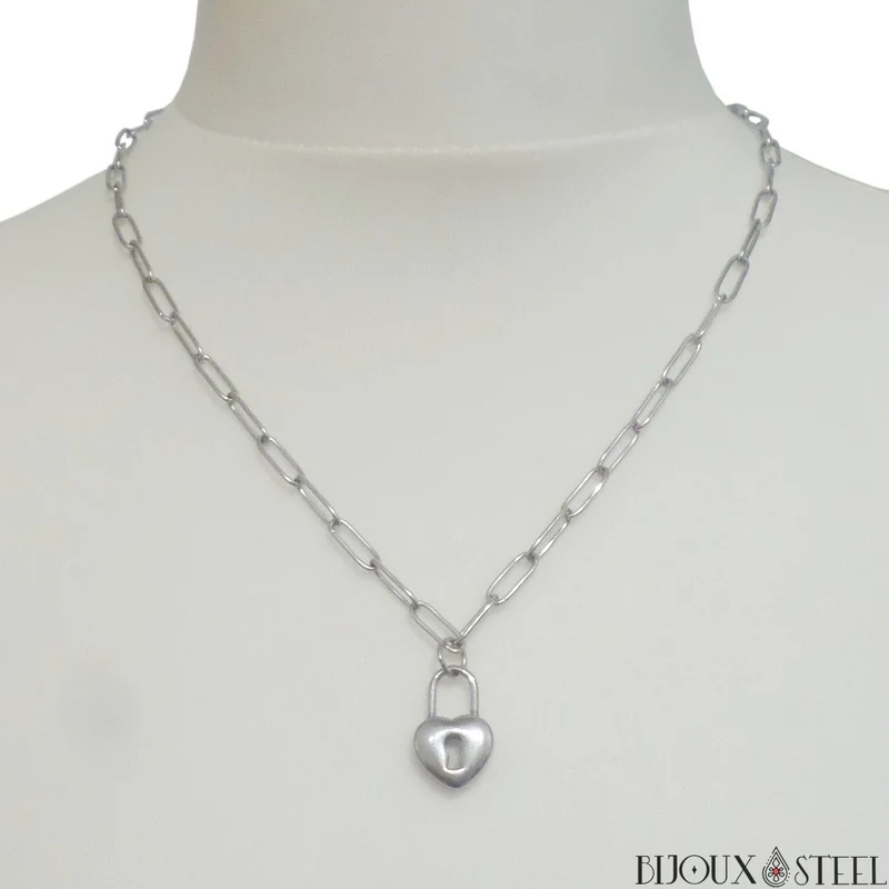 Collier chaîne trombone à pendentif cadenas coeur en acier inoxydable