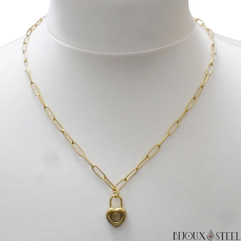 Collier chaîne trombone à pendentif cadenas coeur en acier inoxydable