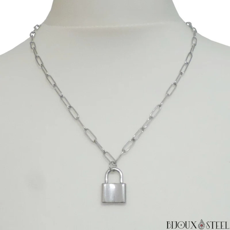 Collier chaîne trombone à pendentif cadenas en acier inoxydable