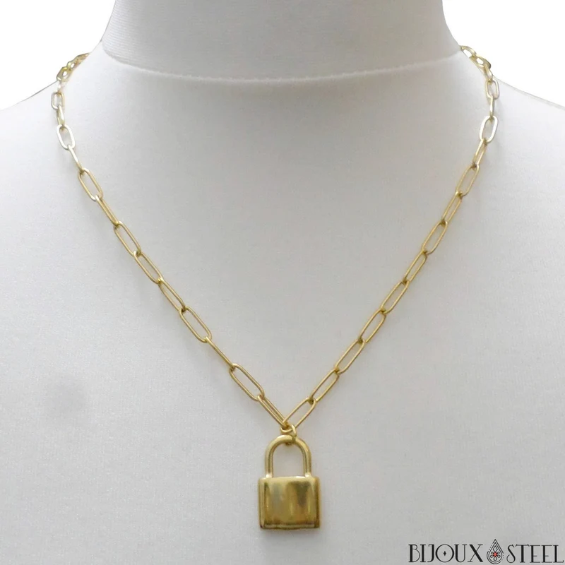 Collier chaîne trombone à pendentif cadenas en acier inoxydable