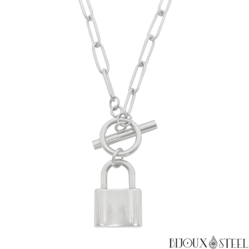 Collier maille trombone à pendentif cadenas sur fermoir en acier inoxydable
