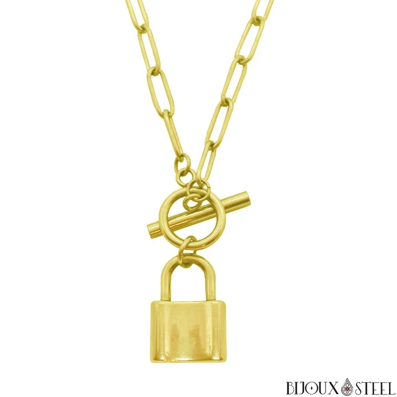 Collier maille trombone à pendentif cadenas sur fermoir en acier inoxydable