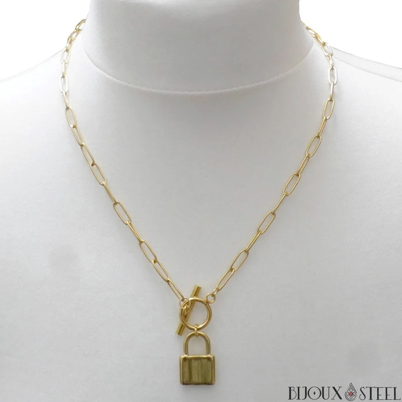 Collier maille trombone à pendentif cadenas sur fermoir en acier inoxydable