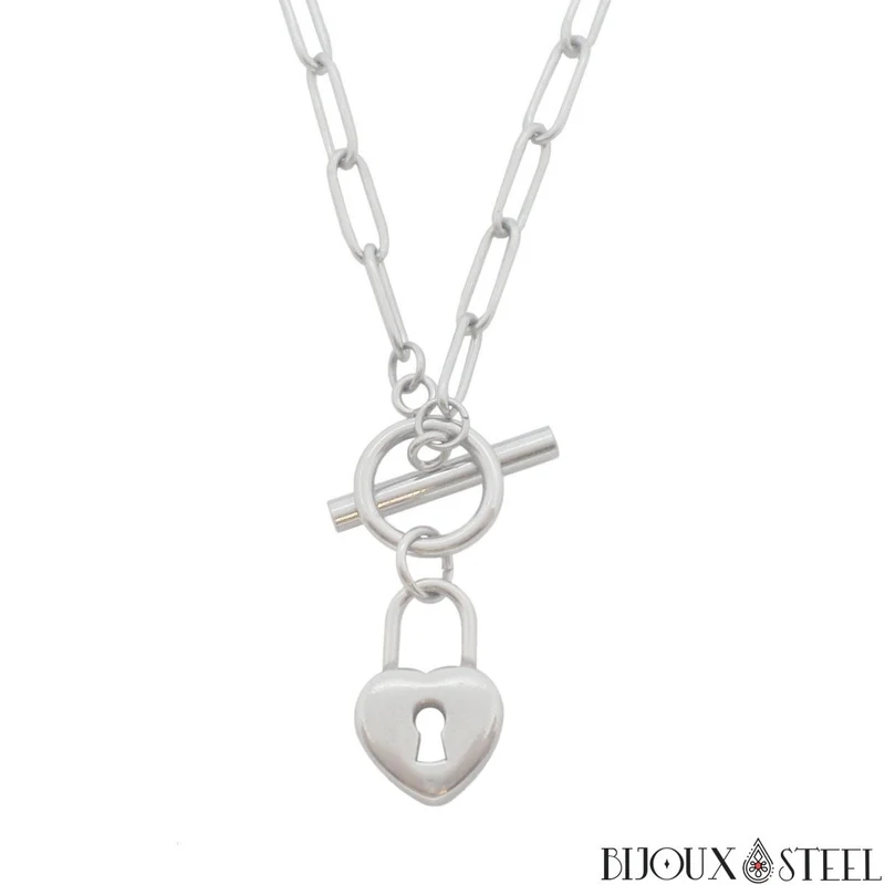 Collier maille trombone à pendentif cadenas en coeur sur fermoir en acier inoxydable