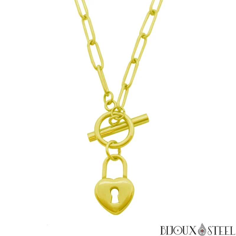 Collier maille trombone à pendentif cadenas en coeur sur fermoir en acier inoxydable