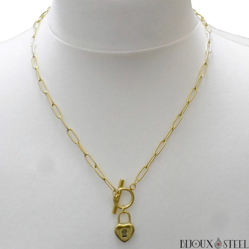 Collier maille trombone à pendentif cadenas en coeur sur fermoir en acier inoxydable