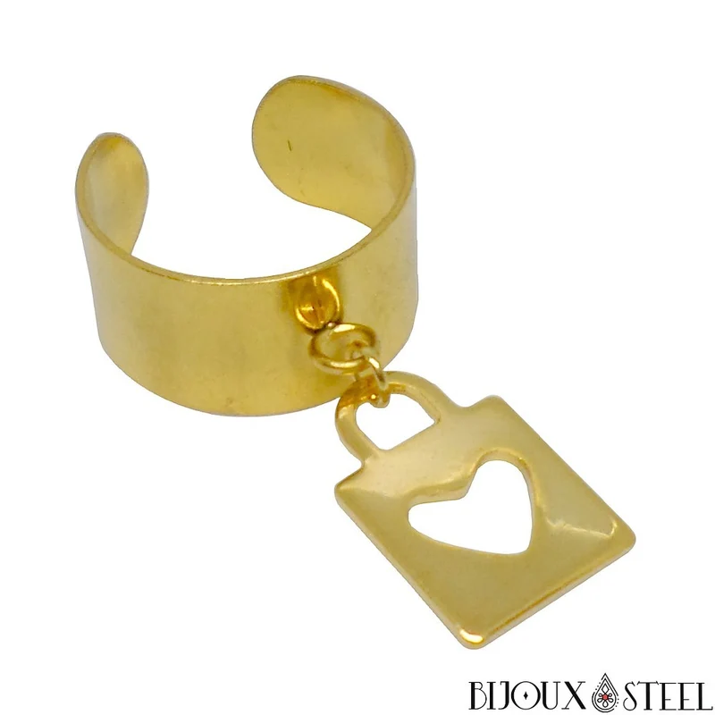 Bague large pampille dorée ajustable à pendentif cadenas