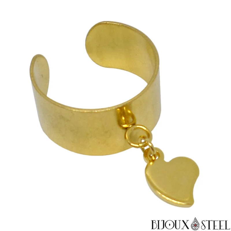 Bague large pampille dorée ajustable à pendentif coeur original