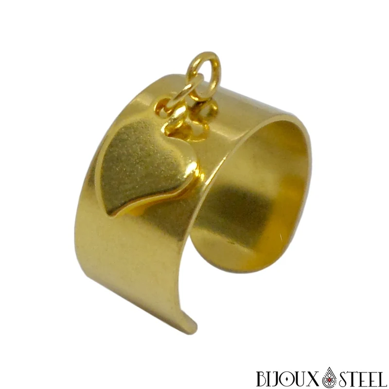 Bague large pampille dorée ajustable à pendentif coeur original