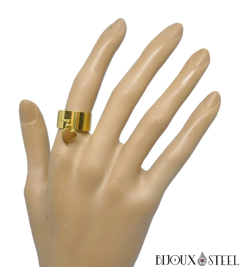 Bague large pampille dorée ajustable à pendentif coeur original