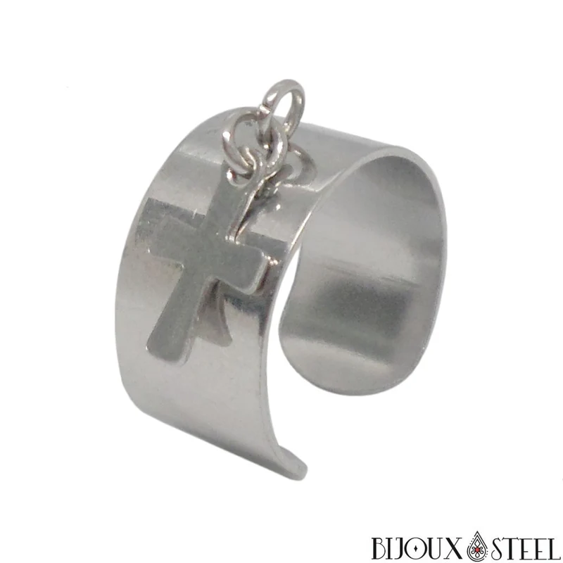 Bague large ajustable à pendentif croix en acier inoxydable