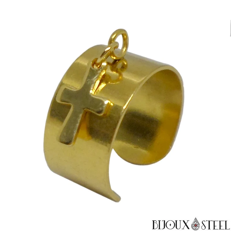 Bague large ajustable à pendentif croix en acier inoxydable