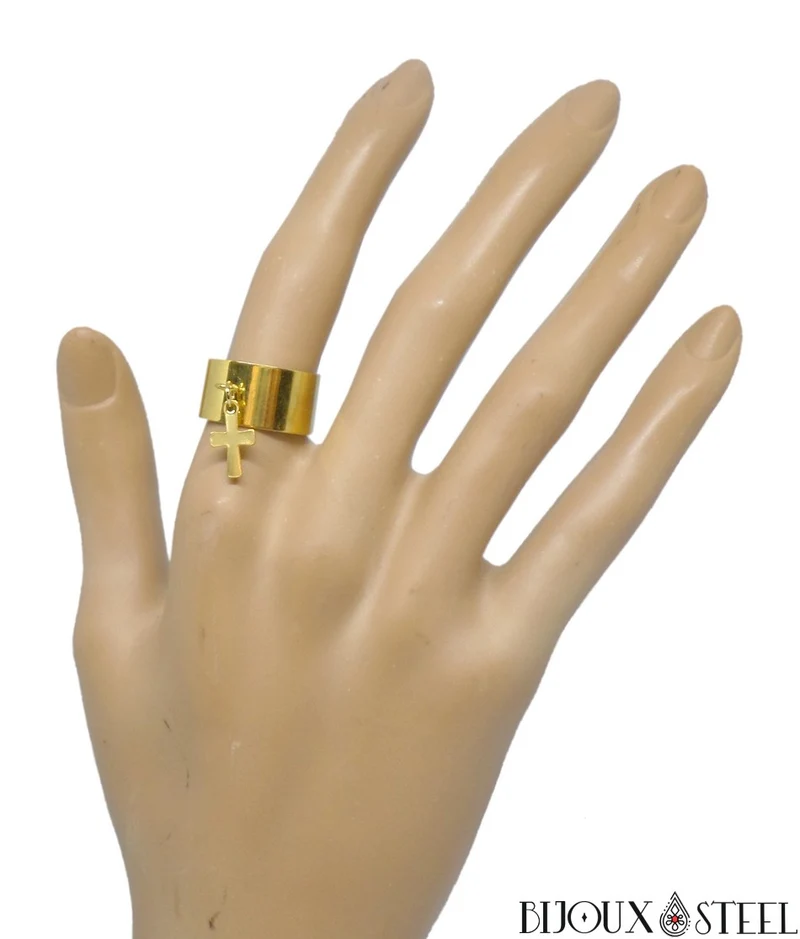 Bague large ajustable à pendentif croix en acier inoxydable
