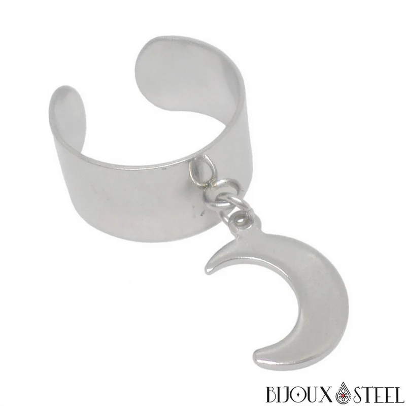Bague large ajustable à croissant de Lune en acier inoxydable