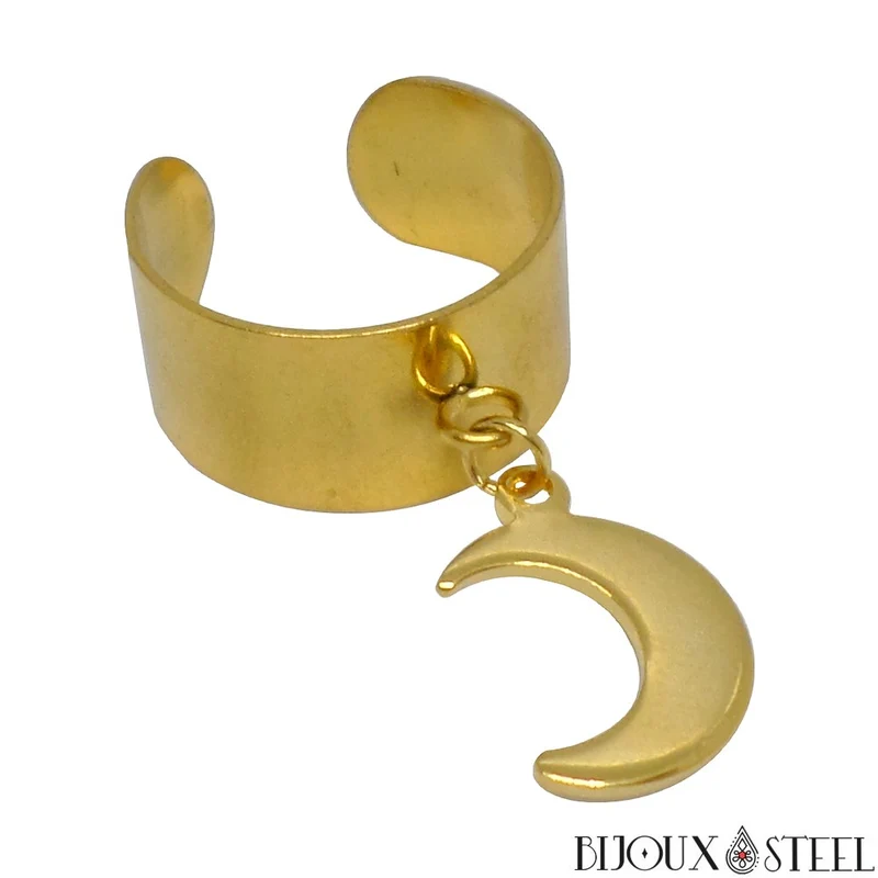 Bague large ajustable à croissant de Lune en acier inoxydable