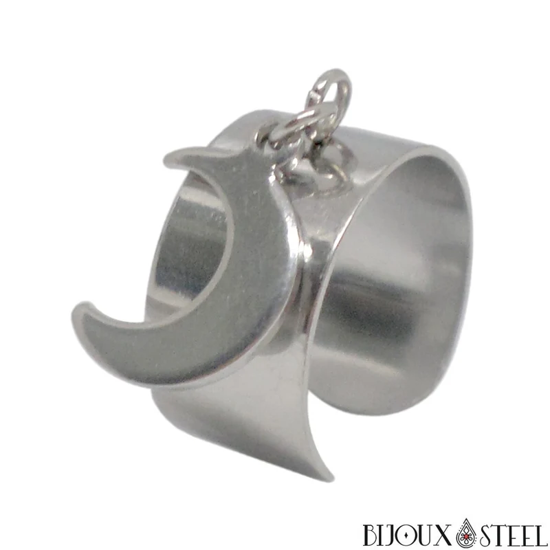 Bague large ajustable à croissant de Lune en acier inoxydable