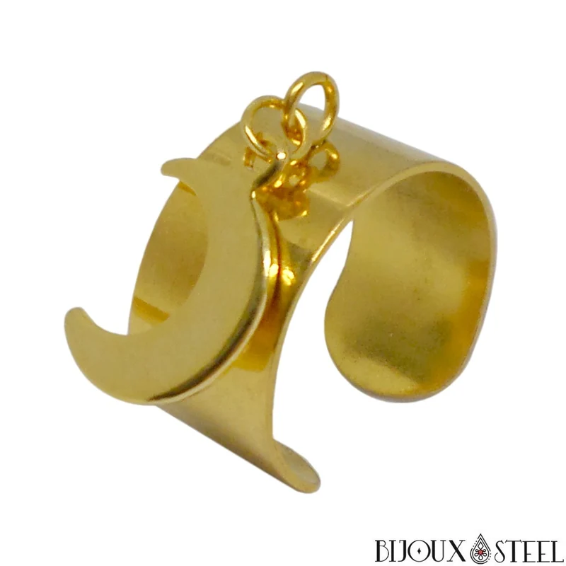 Bague large ajustable à croissant de Lune en acier inoxydable
