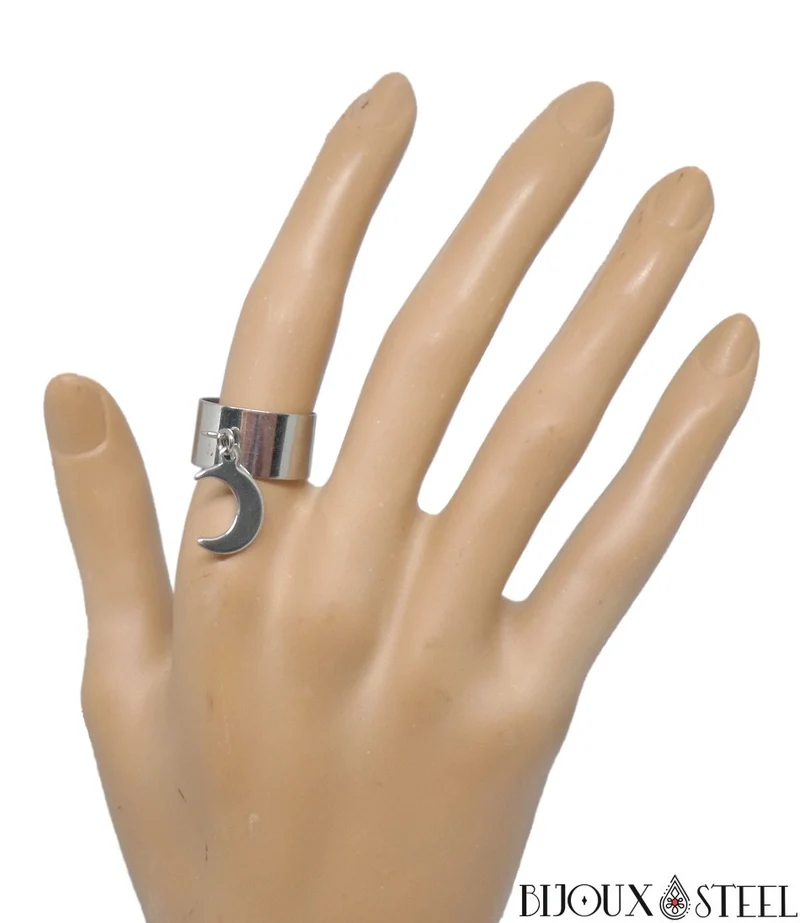 Bague large ajustable à croissant de Lune en acier inoxydable