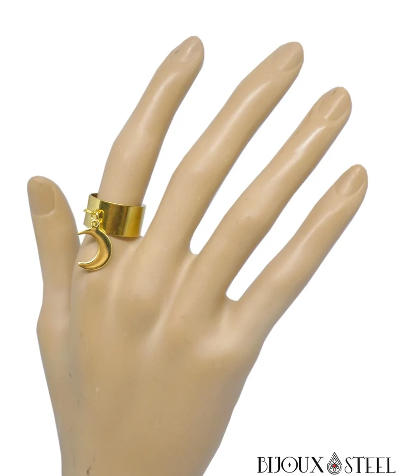 Bague large ajustable à croissant de Lune en acier inoxydable