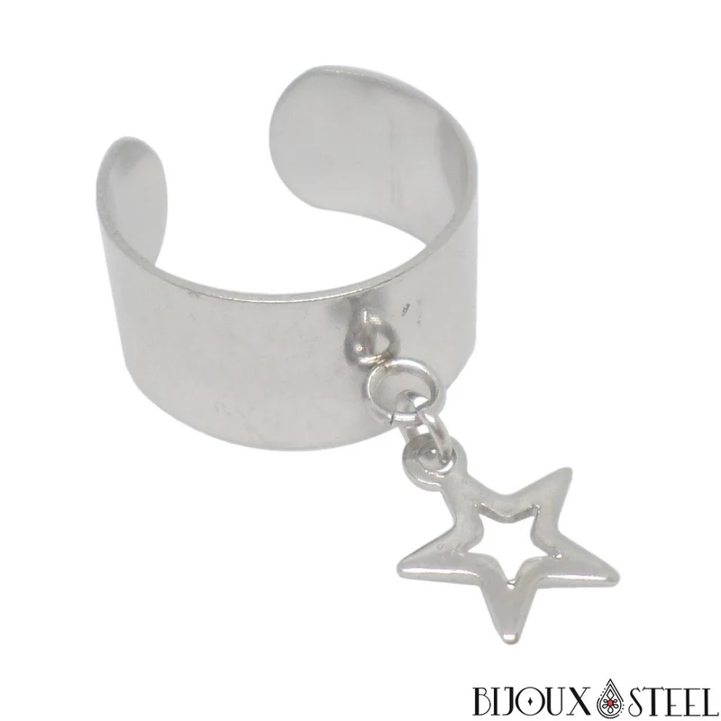 Bague large ajustable à pendentif étoile en acier inoxydable
