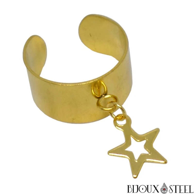 Bague large ajustable à pendentif étoile en acier inoxydable