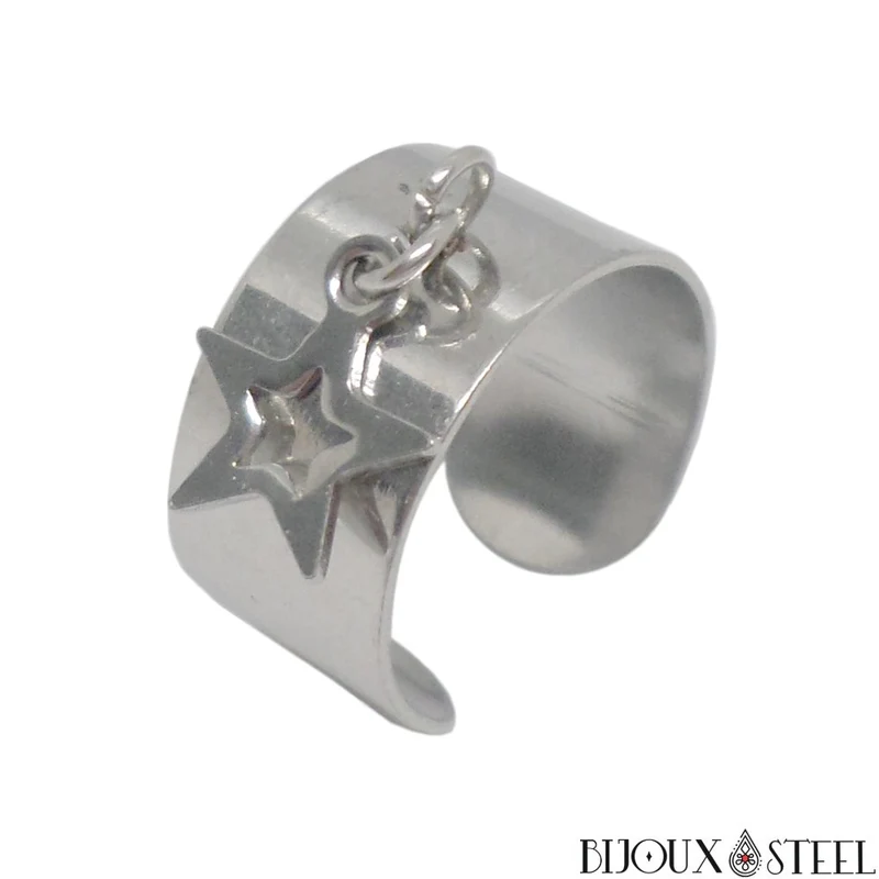 Bague large ajustable à pendentif étoile en acier inoxydable