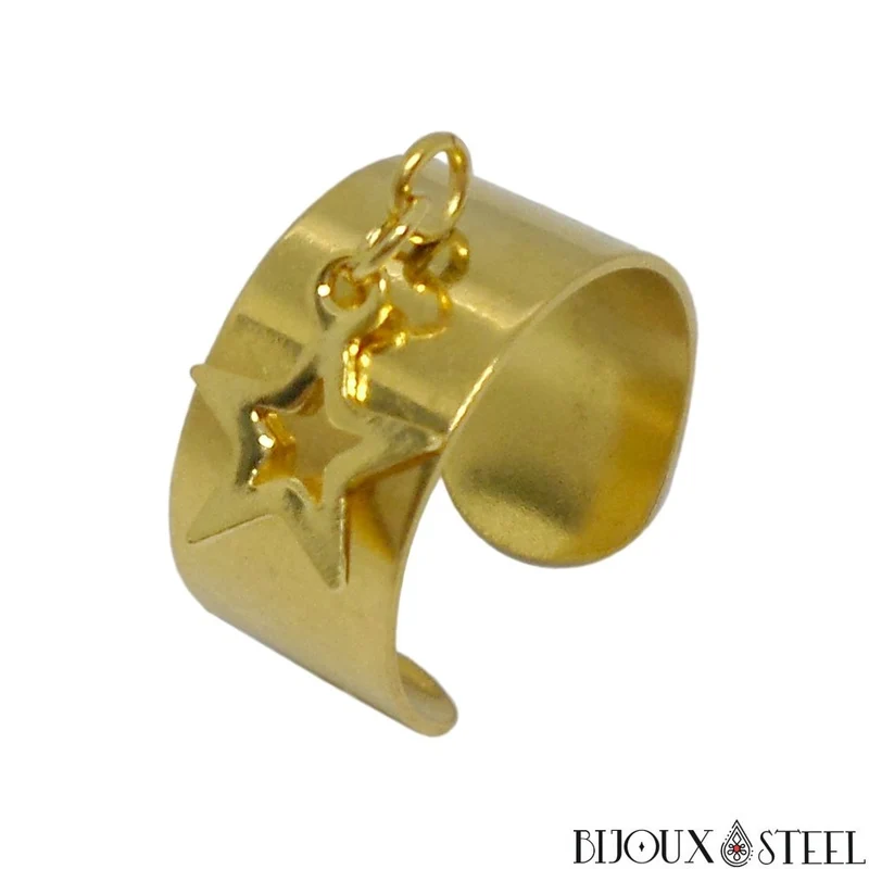 Bague large ajustable à pendentif étoile en acier inoxydable