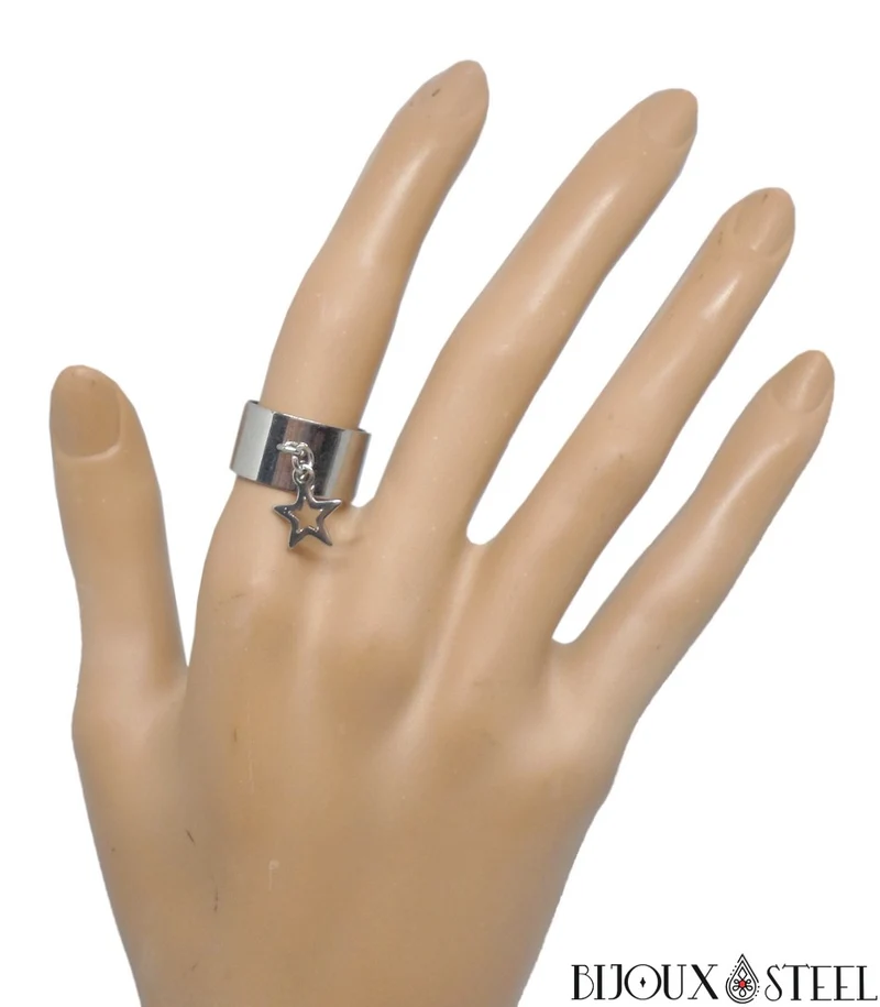 Bague large ajustable à pendentif étoile en acier inoxydable
