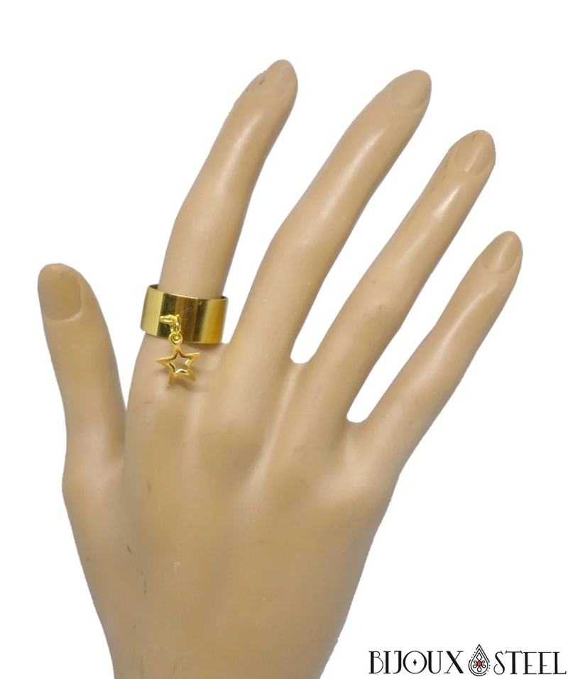 Bague large ajustable à pendentif étoile en acier inoxydable