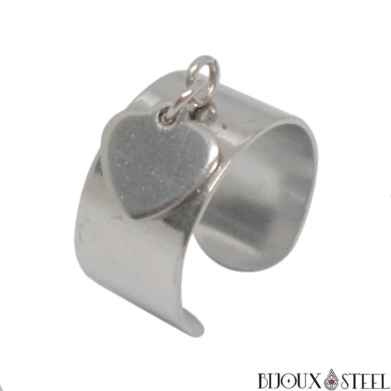 Bague large ajustable à pendentif coeur en acier inoxydable