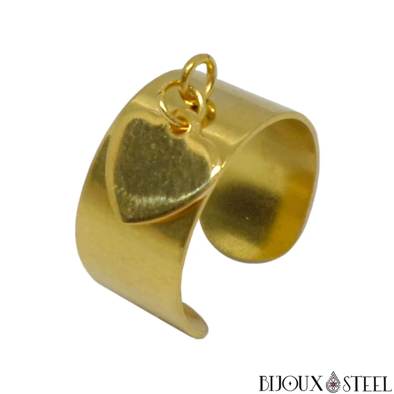 Bague large ajustable à pendentif coeur en acier inoxydable