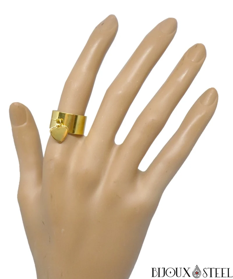 Bague large ajustable à pendentif coeur en acier inoxydable