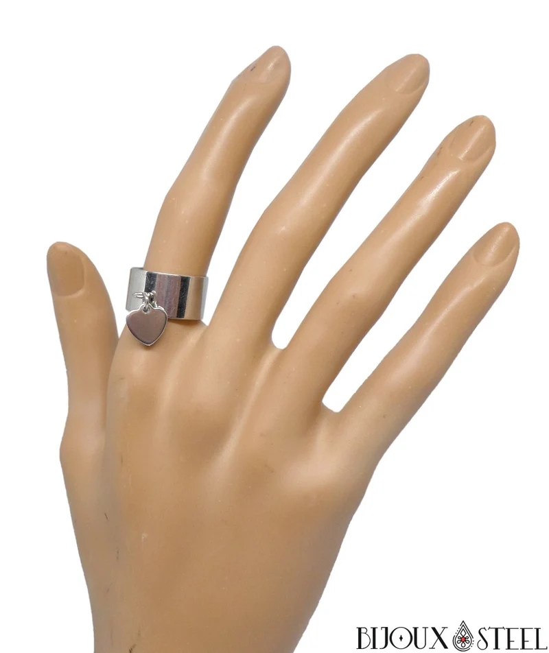 Bague large ajustable à pendentif coeur en acier inoxydable