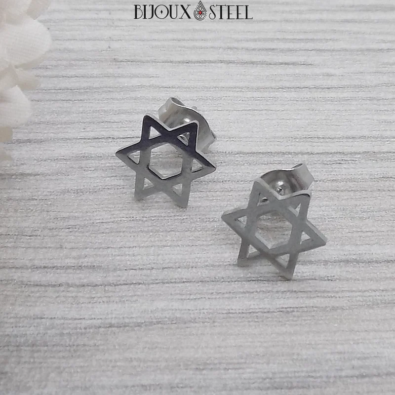 Boucles d'oreilles Étoile de David en acier inoxydable