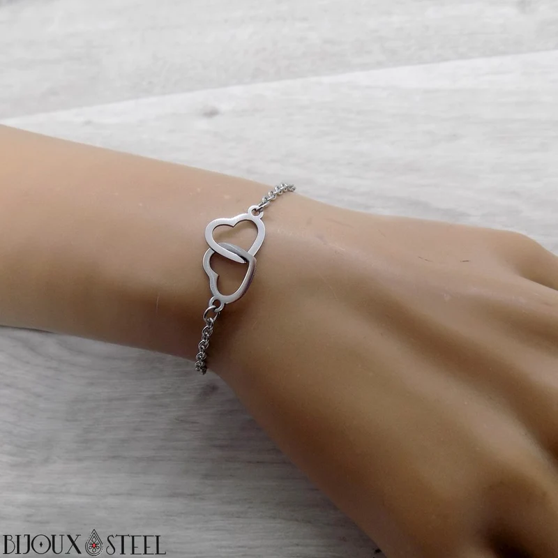 Bracelet double coeur en acier inoxydable