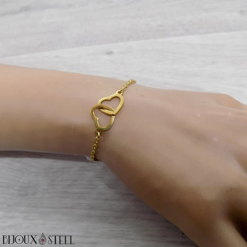 Bracelet double coeur en acier inoxydable