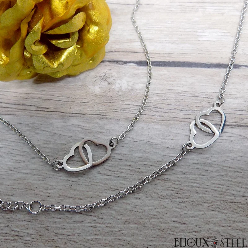 Bracelet double coeur en acier inoxydable