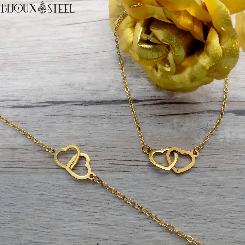 Bracelet double coeur en acier inoxydable