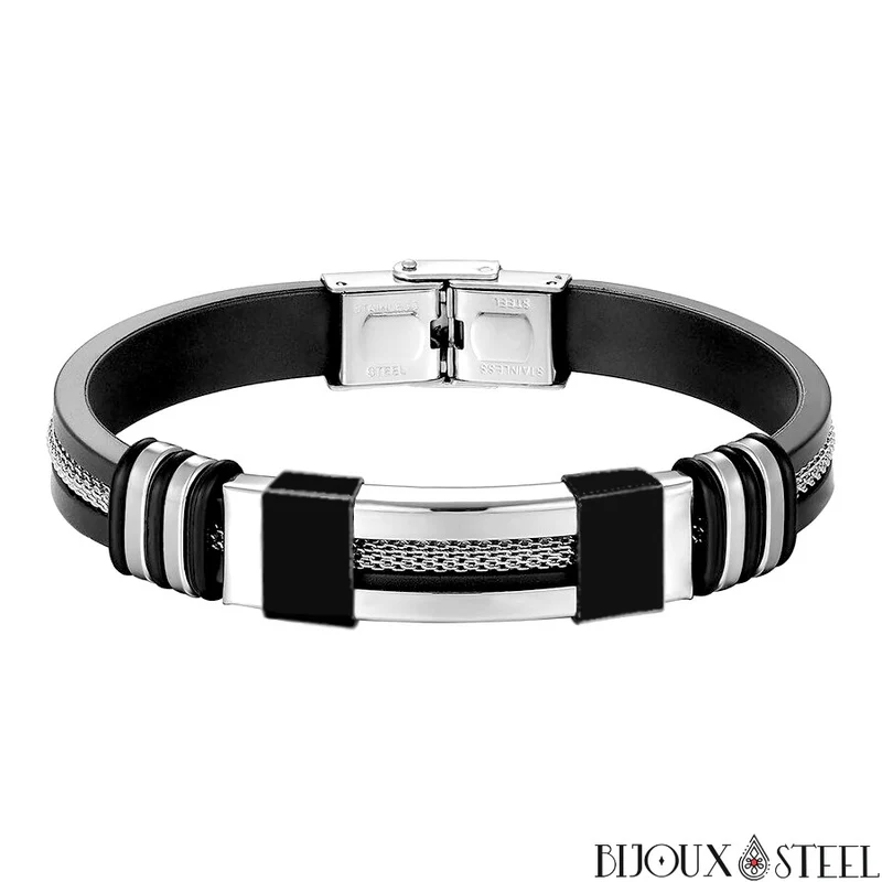Bracelet homme à chaînes en acier inoxydable et caoutchouc noir