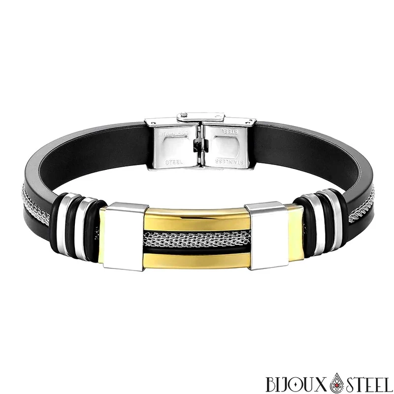 Bracelet homme à chaînes en acier inoxydable et caoutchouc noir