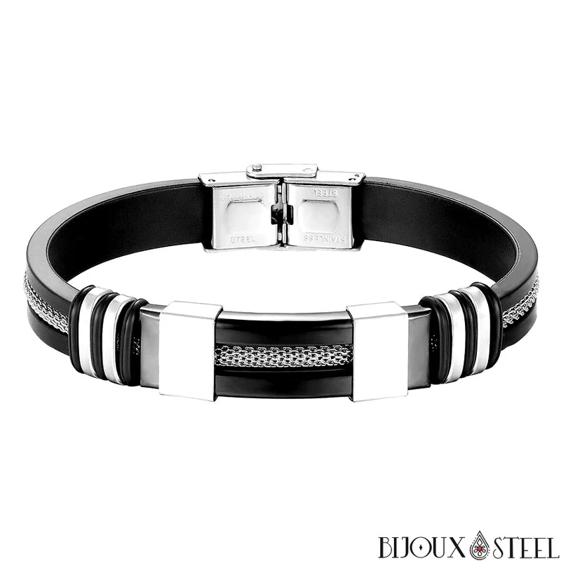 Bracelet homme à chaînes en acier inoxydable et caoutchouc noir