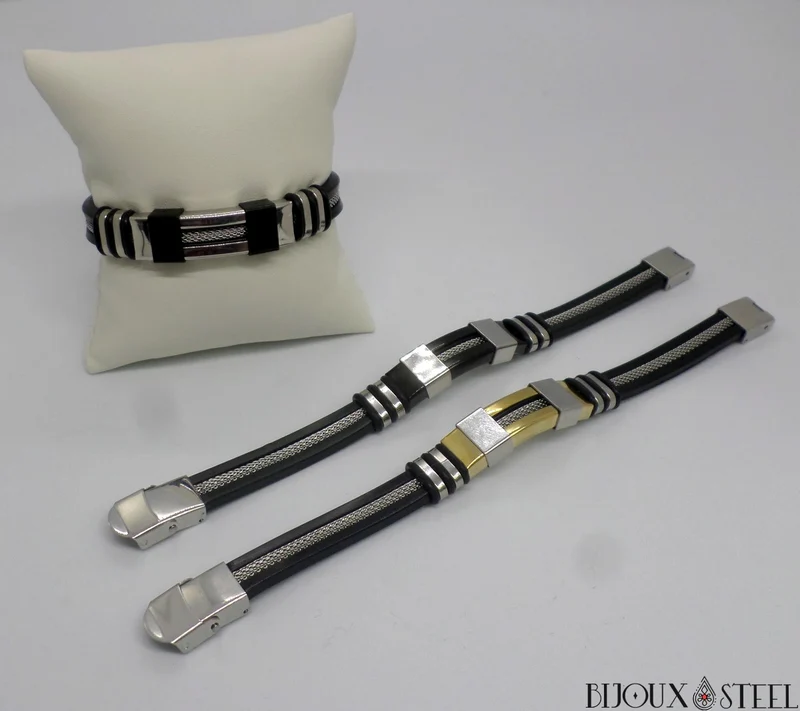 Bracelet homme à chaînes en acier inoxydable et caoutchouc noir