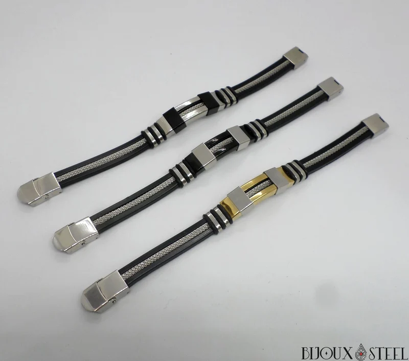 Bracelet homme à chaînes en acier inoxydable et caoutchouc noir