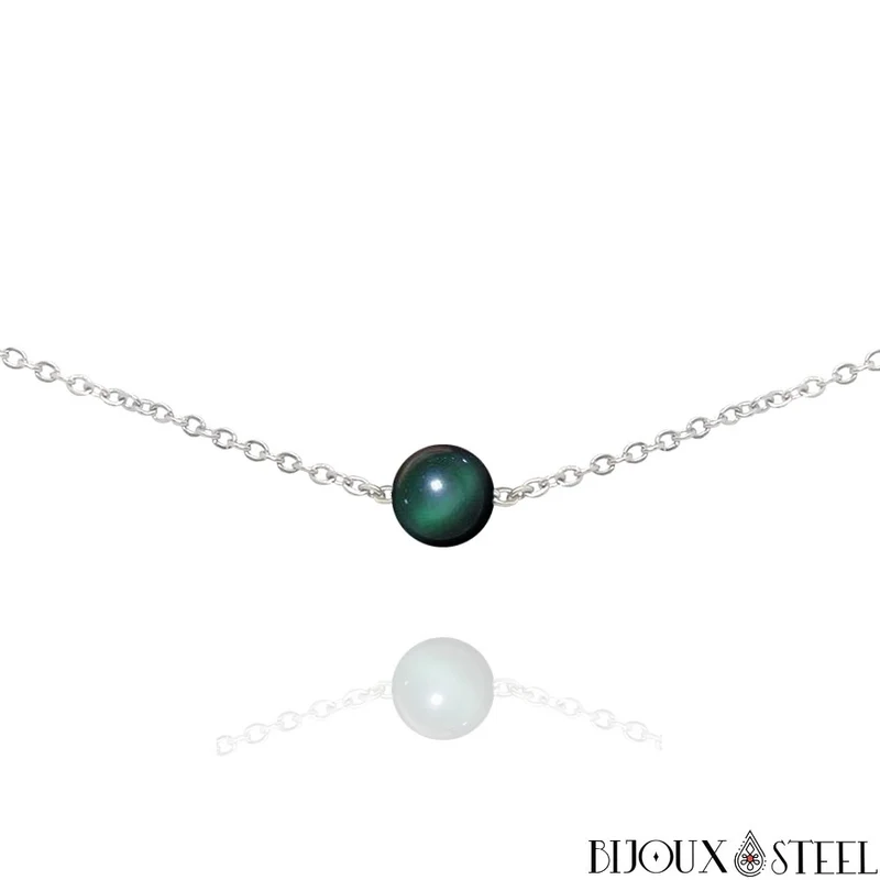 Collier à perle d'obsidienne oeil céleste en acier inoxydable